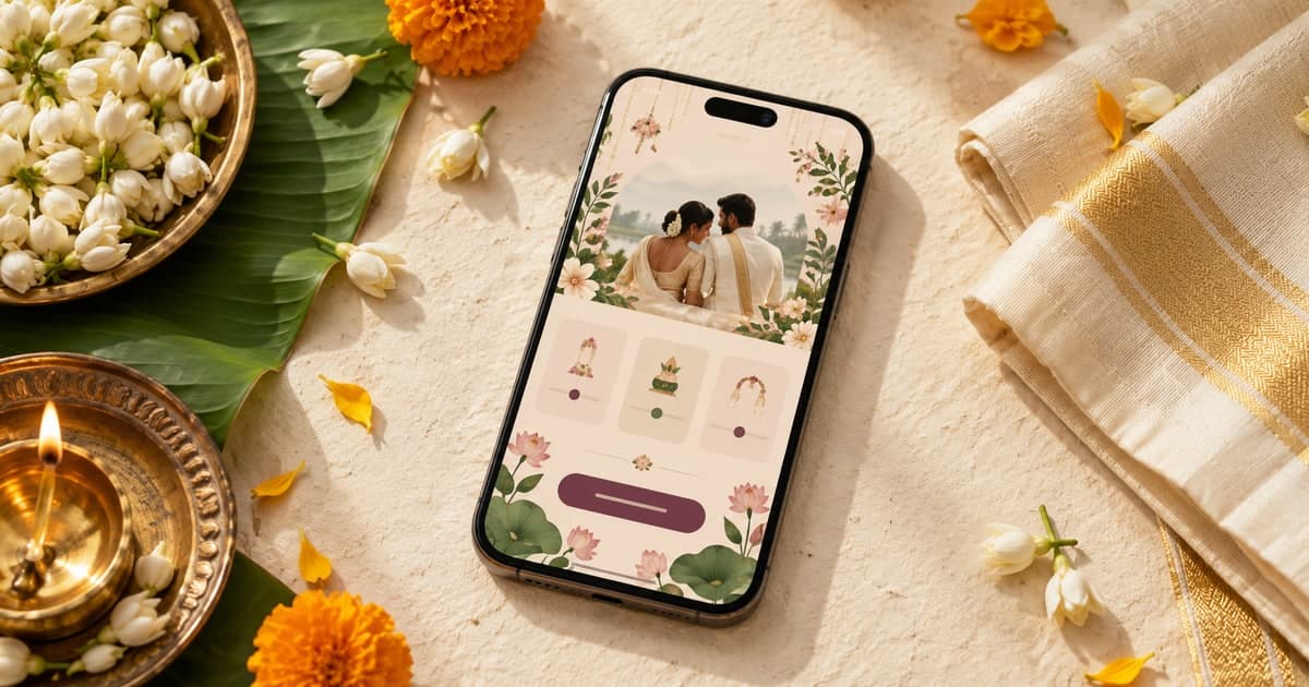 A custom wedding invitation website displayed on a phone beside jasmine and marigolds