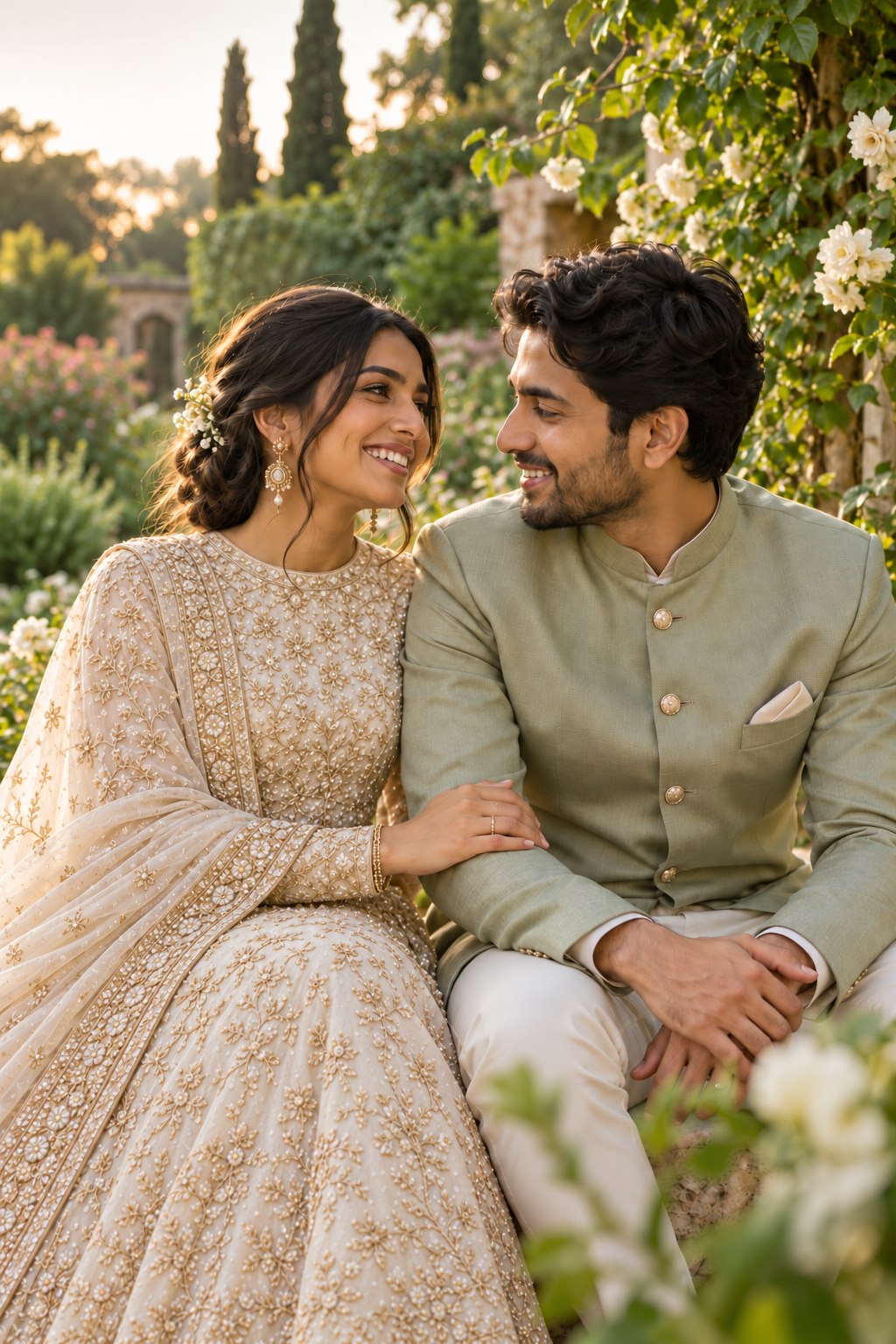 Anaya and Arjun sharing a joyful moment in a garden