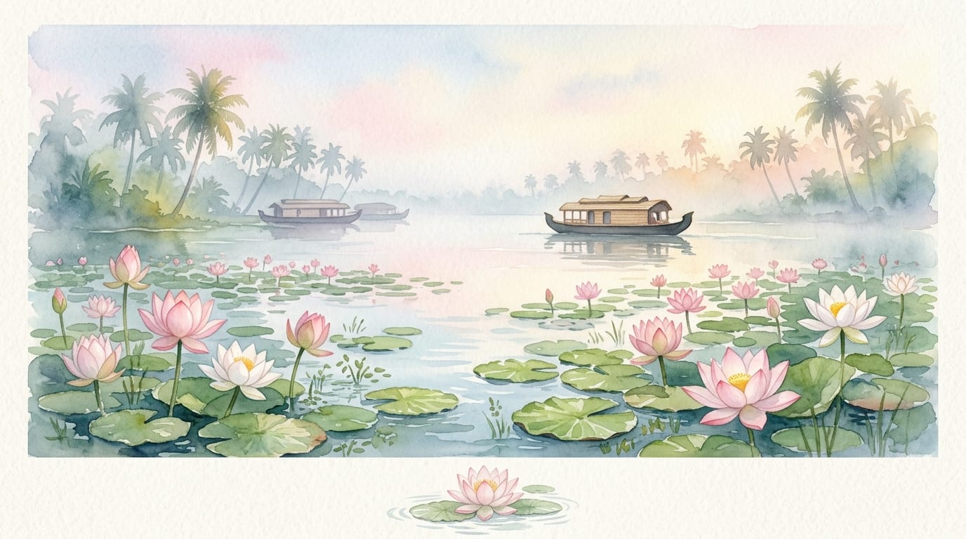 Watercolor Lotus Pond at Kumarakom