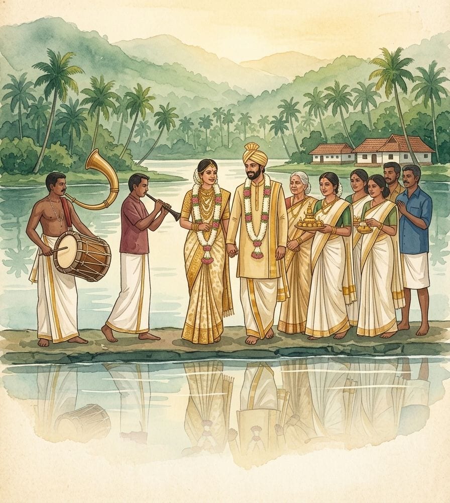 Artisanal watercolor of Kerala wedding celebration procession walking along backwaters at dawn