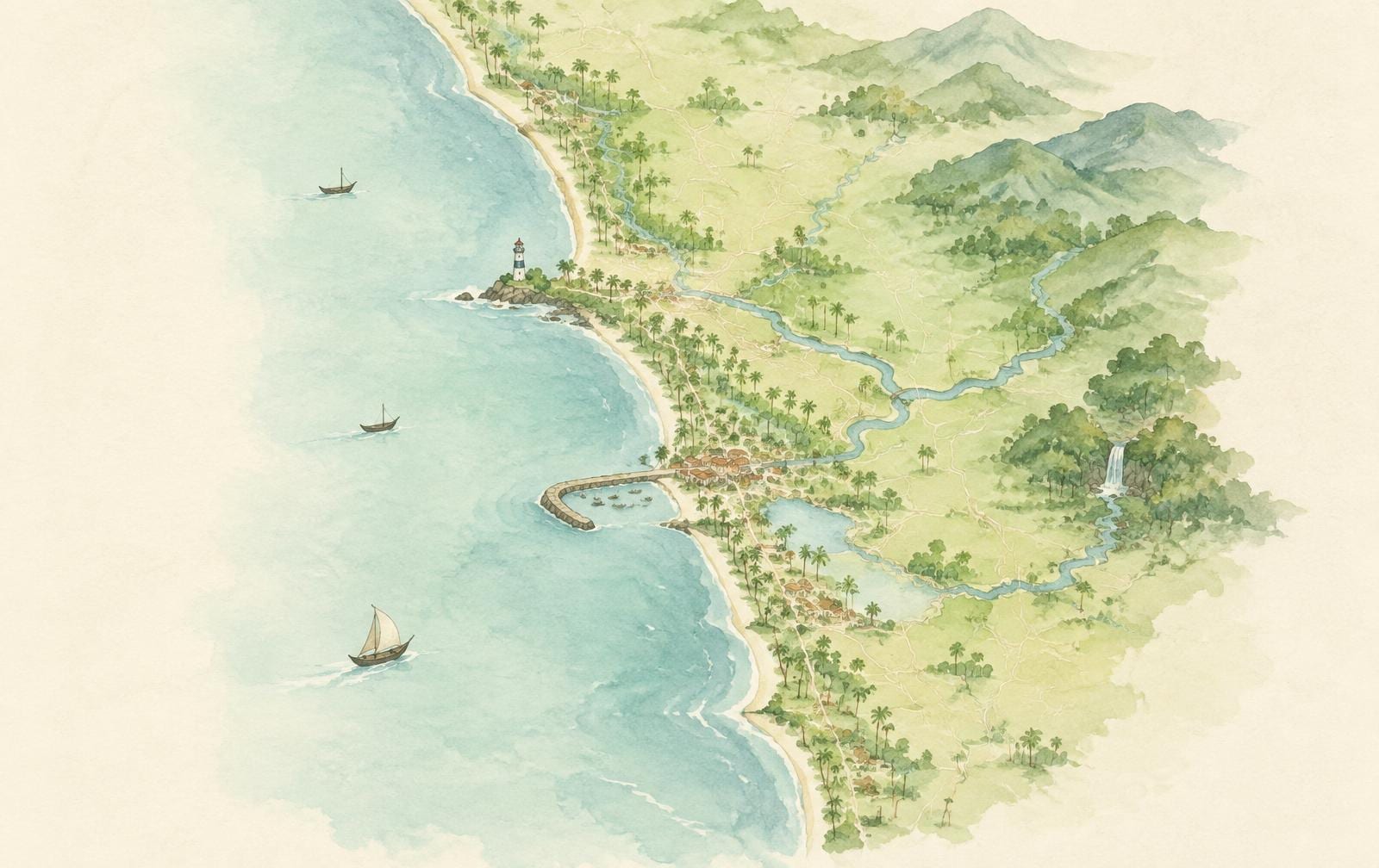 Illustrated watercolor map of the Kozhikode coastline