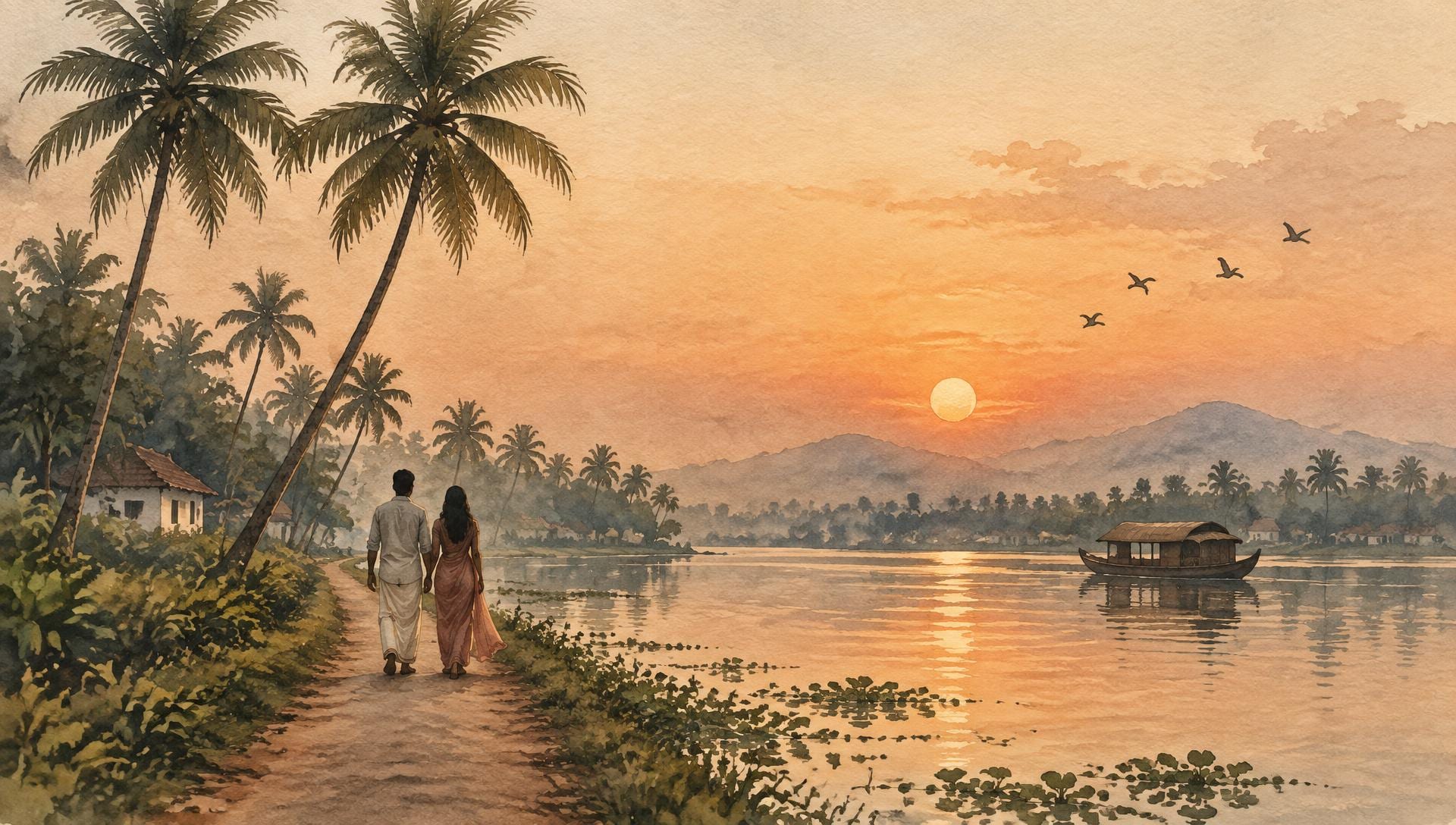 Watercolor of a couple walking along the backwaters at sunset