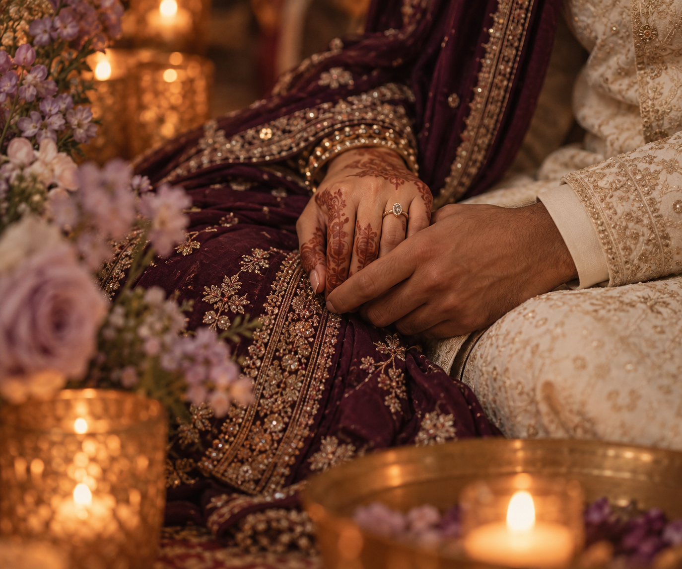 Joined hands and a gold engagement ring in the evening light