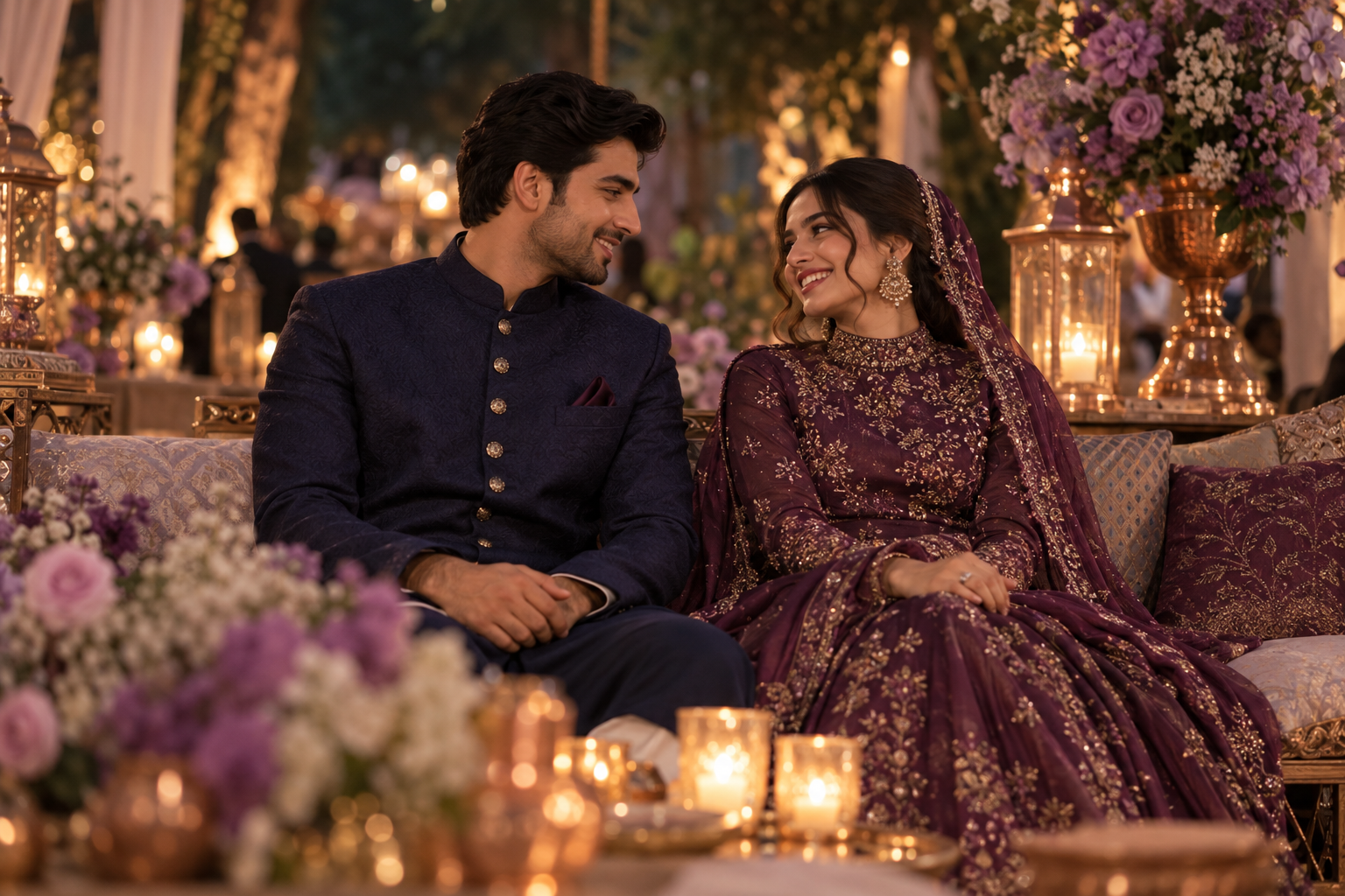 The couple sharing a quiet smile at their evening celebration
