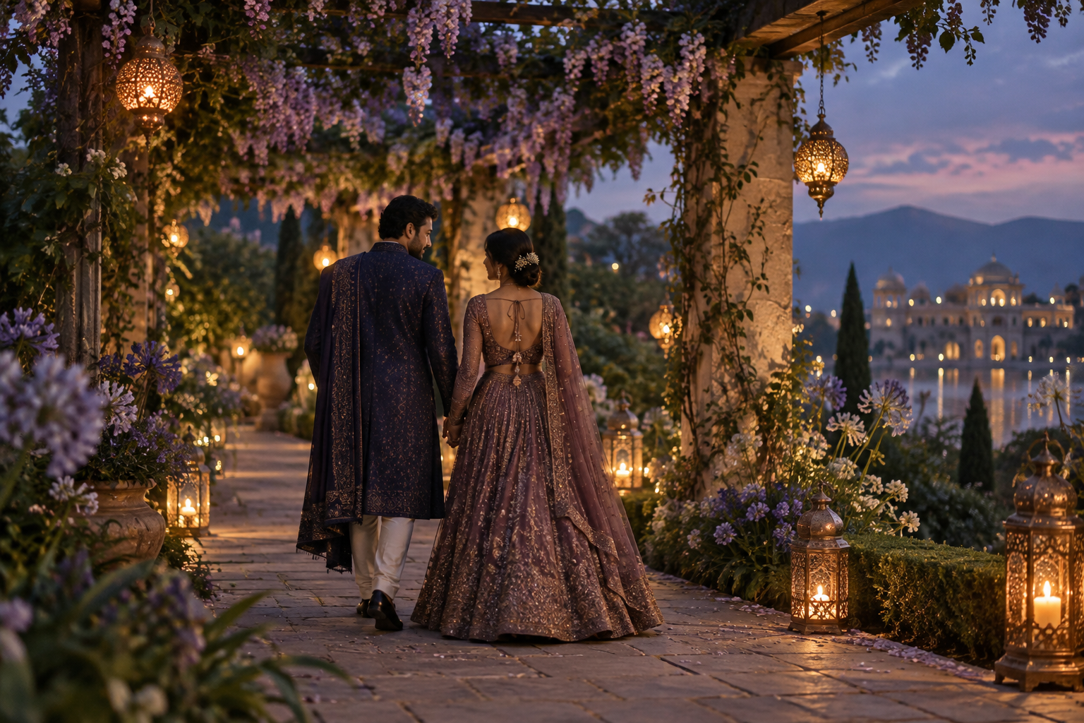 Mira and Arin walking together beneath the evening garden lights