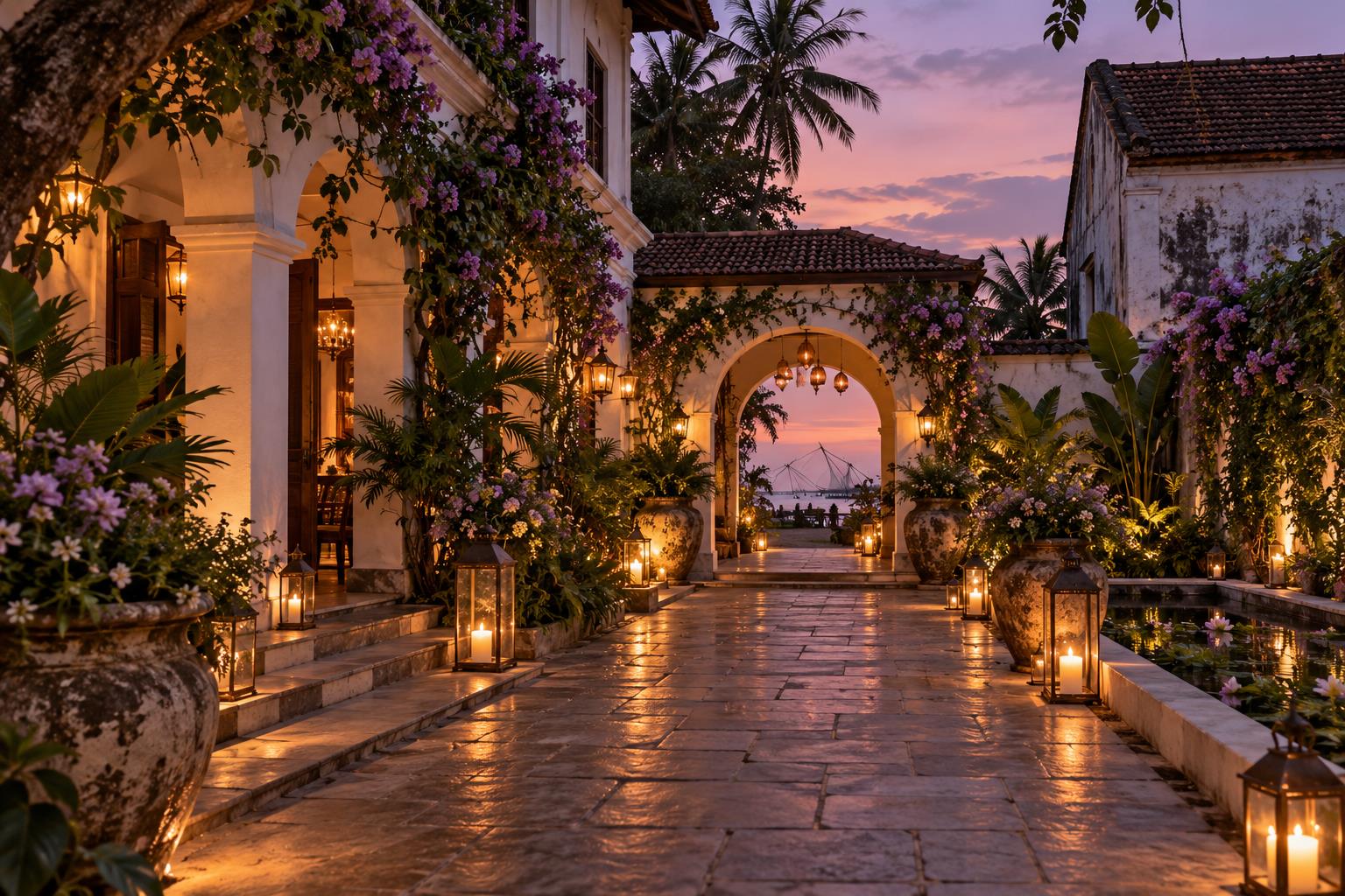 Lantern-lit garden courtyard at the wedding venue